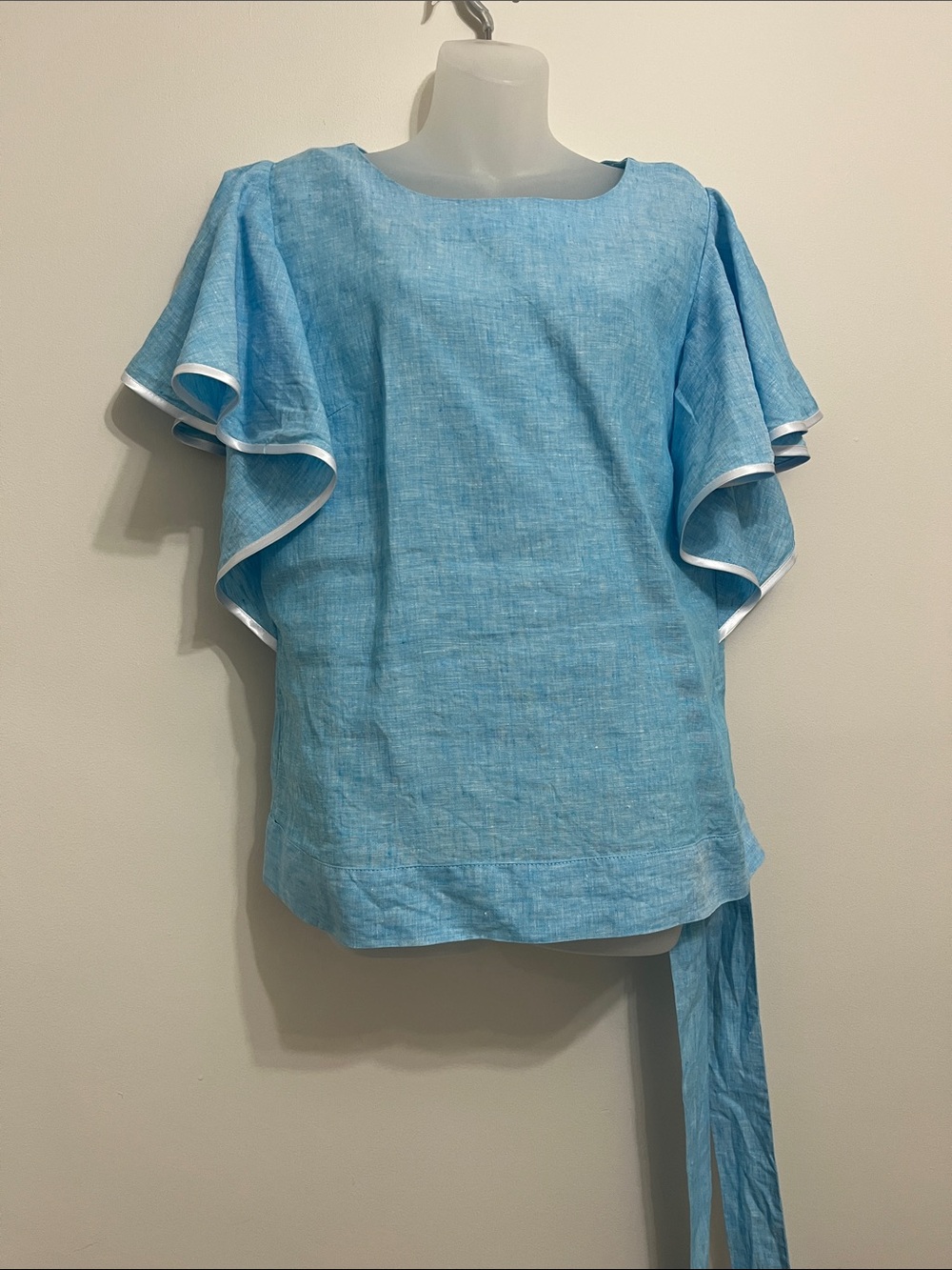 Sky Blue Linen Flutter-Sleeve Blouse